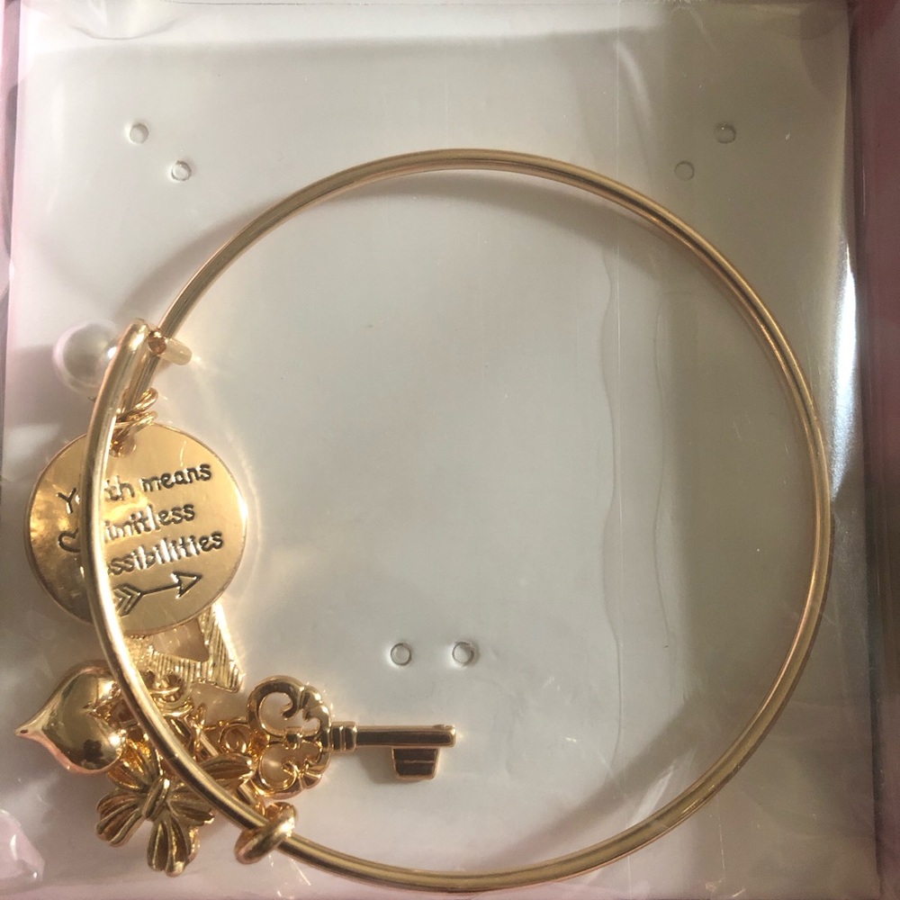 Gold Charm Bangle Bracelet with Key and Inspirational Disc